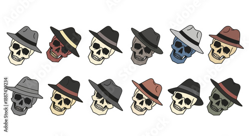 Skulls wearing different colored hats arranged.