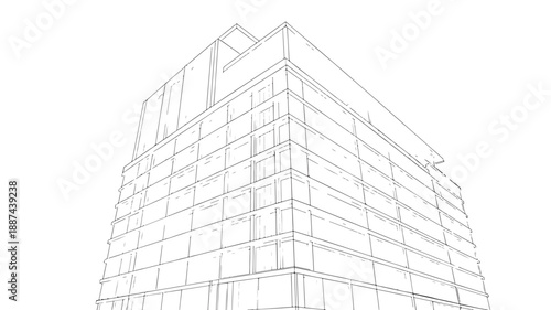 Modern office building in wireframe style with clean lines and minimalist design in grayscale for architectural visualization