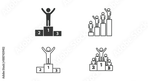 Set of four simple icons depicting victors celebrating success standing on podiums