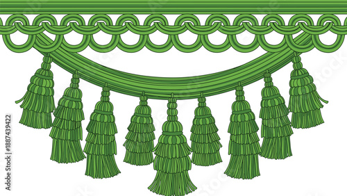 Elegant green curtain tassel fringe for interior design, luxury upholstery, home decoration, and window treatments.