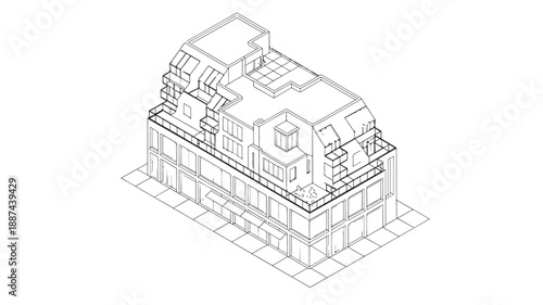 Modern building blueprint in isometric view with clean lines and minimalist design for architectural visualization