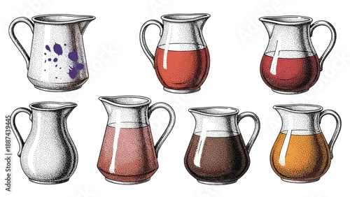 Vintage style ceramic jugs with various colored liquids like wine and milk for kitchenware, cafe, and beverage concepts.