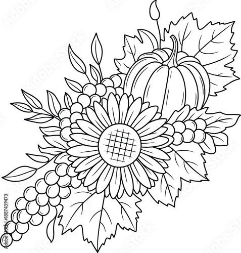 Black and white line art illustration of a fall harvest arrangement with a pumpkin sunflower berries and autumn leaves for coloring book and seasonal design