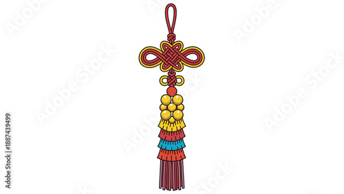 Traditional Chinese knot with red and yellow tassels for luck, prosperity, and lunar new year celebration decorations.