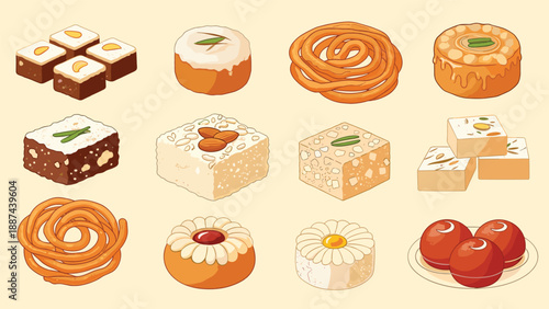 Variety of traditional Indian sweets like mithai and jalebi for festive celebrations, culture, and food concepts.