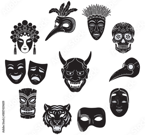 Collection of diverse masks and faces from different cultures and traditions, including theatrical, tribal, and celebratory designs.