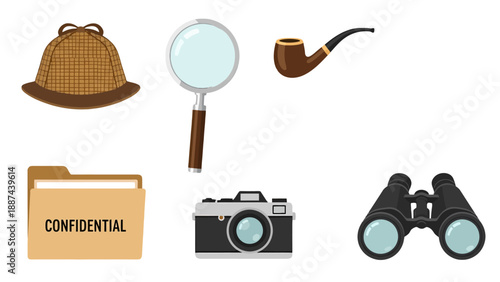 Flat Design Detective Investigation Tools Set with Hat Magnifying Glass Pipe Folder Camera Binoculars.