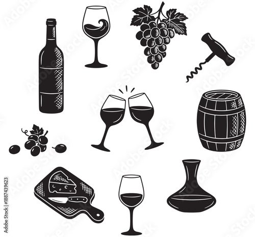 Collection of wine-related icons including a bottle, glasses, grapes, cheese, corkscrew, and barrel.