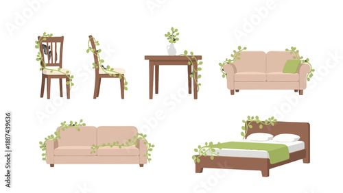 Stylish Interior Furniture with Natural Green Vine Decorations Cozy Home Elements.