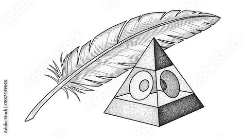 Vintage feather quill pen and pyramid shaped inkwell with stipple shading for writing, poetry, and literature concepts.