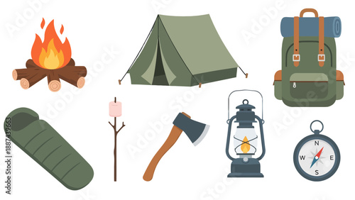 Vibrant Flat Vector Camping Essentials Collection Tent Backpack Campfire Lantern Compass Axe Sleeping Bag Marshmallow Stick.
