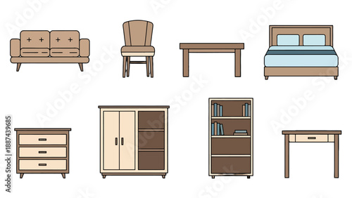 Minimalist flat design furniture set with brown outlines sofa chair table bed dresser wardrobe bookshelf desk.