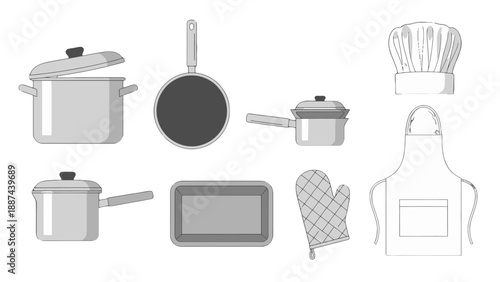 Flat design cooking essentials pots pans baking dish chefs hat apron oven mitt minimalist grayscale vector icons.