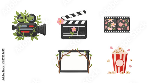 Whimsical Flat Design Cinema Icons with Botanical Details Film Camera Clapperboard Film Strip Screen Popcorn Box.