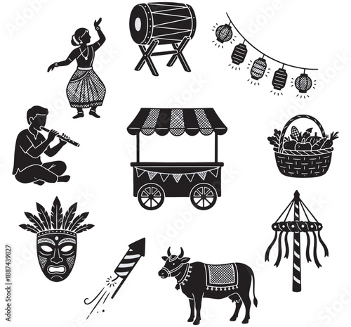Collection of Indian cultural icons including a dancer, musician, food stall, and festive decorations.