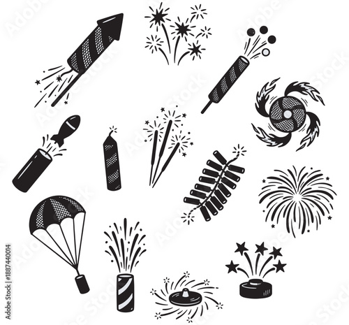 Collection of hand-drawn fireworks and pyrotechnics illustrations, symbolizing celebration and festive events.