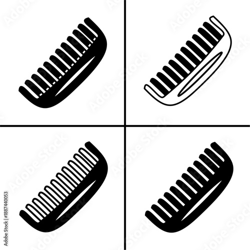 A set of four black comb icons, displayed in various shapes and styles. Simple flat silhouette design. Stock vector.