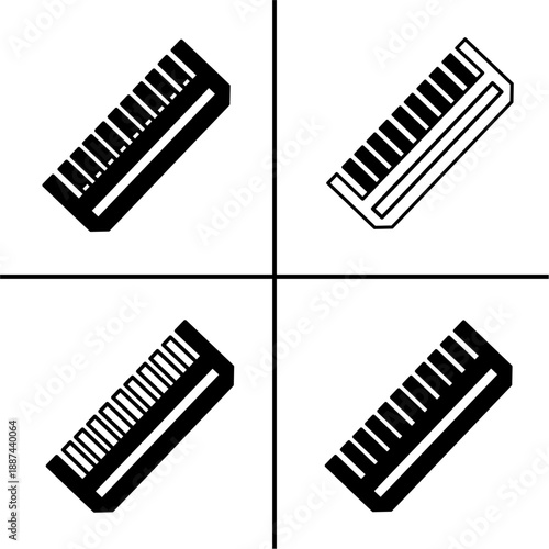 A set of four black comb icons, displayed in various shapes and styles. Simple flat silhouette design. Stock vector.