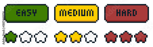 8-bit pixel art game difficulty button and stars ui set
