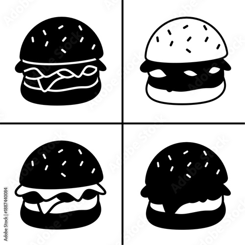 A set of four black burger icons, displayed in various shapes and styles. Simple flat silhouette design. Stock vector.