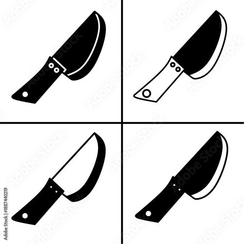A set of four black knife icons, displayed in various shapes and styles. Simple flat silhouette design. Stock vector.