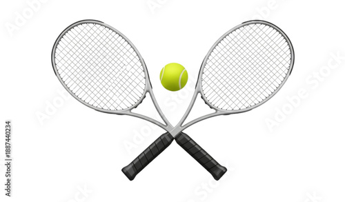 Crossed Tennis Rackets with Ball in Center Sports Equipment 3D Illustration on White