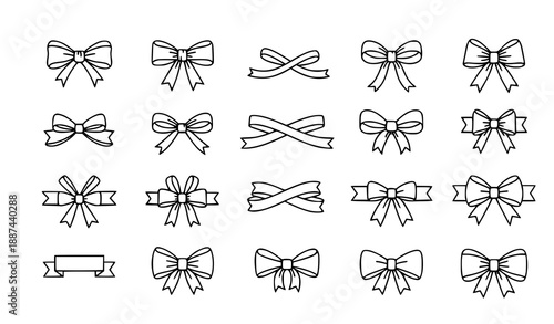 Minimalist bows and ribbons line art vector set for gift decoration and festive design