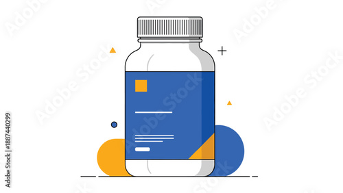 Clean white medicine bottle with a blue label for healthcare, pharmacy, and medical products packaging concepts.