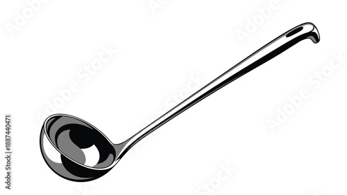 Shiny metal soup ladle with a long handle for kitchenware, culinary serving, and professional tool concepts.