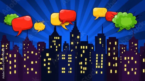 Comic Book Speech Bubbles Moving Across a Cartoon Cityscape at Night with Illuminated Buildings