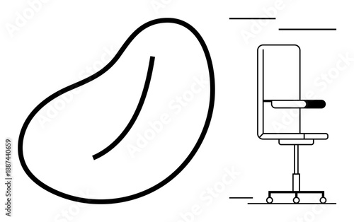 Workplace design, ergonomics, furniture concepts, office culture, creativity, abstract forms. Office chair beside a bean-shaped abstract figure. Workplace design and ergonomics concept