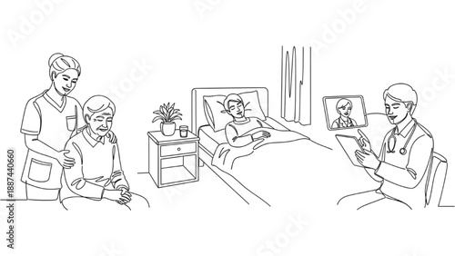 High-Quality Continuous Line Icons of Caregiver Support, Patient Resting Comfortably, Telehealth Consultation