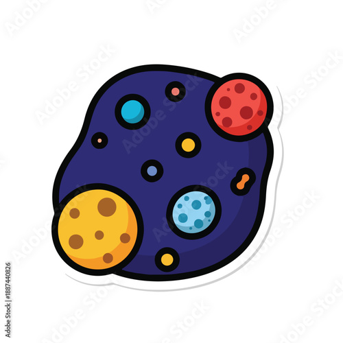 A cartoonish asteroid with colorful craters