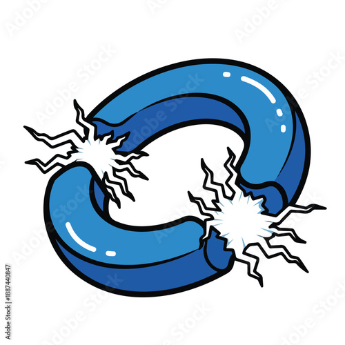 A cartoonish blue horseshoe magnet with sparks
