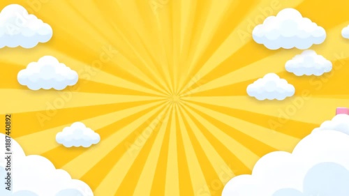 Gummy Candy Cubes Float and Explode on Yellow Radial Sun Rays Background with Clouds