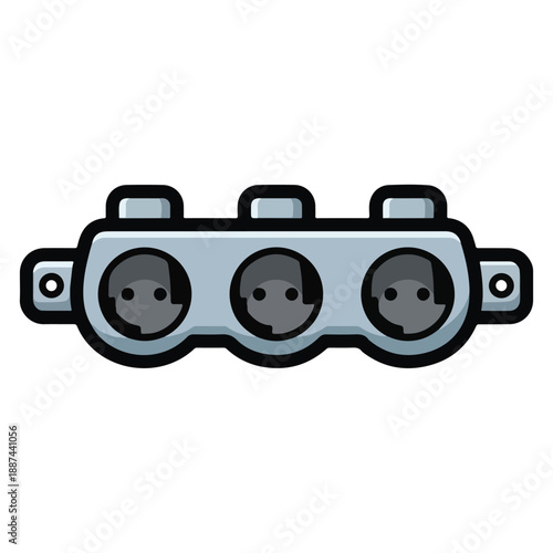 A cartoonish grey electrical outlet with smiley faces