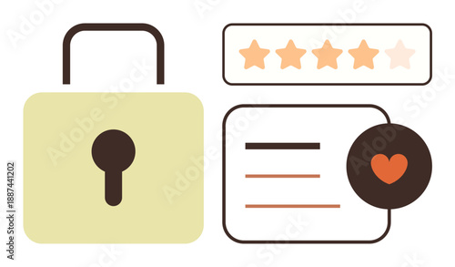 Cybersecurity, e-commerce trust, online privacy, customer satisfaction, secure ratings, data protection. A padlock, star rating bar and heart icon security and feedback . Cybersecurity