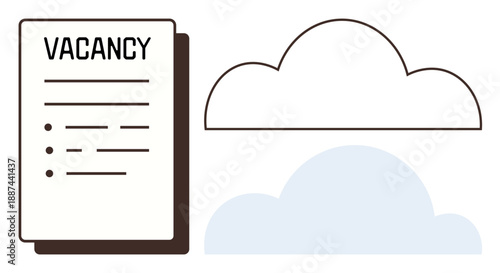 Recruitment, job search, cloud computing, online applications, employment opportunities, digital platforms. A vacancy document next to a cloud outline. Recruitment and job search concepts