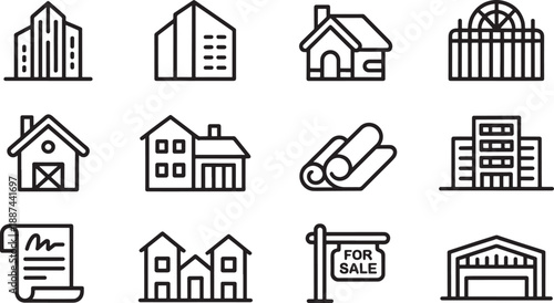 Black line of buildings and houses on white building house line black and white architecture real estate