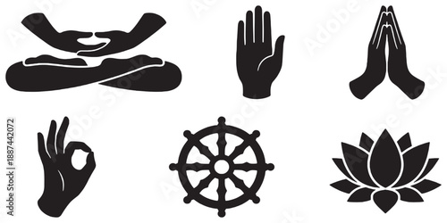 Collection of Buddhist and spiritual symbols including meditation, prayer hands, lotus flower, and Dharma wheel.