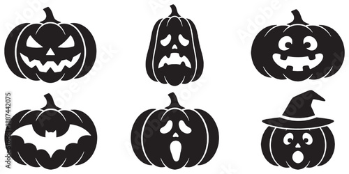 Set of six black silhouette Halloween pumpkins with carved faces and one wearing a witch hat, isolated on a white background.