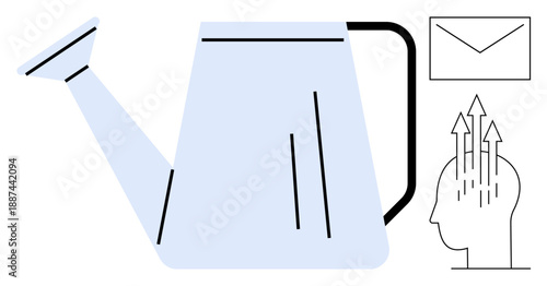 Growth mindset concept. Growth through a watering can, arrows rising from a head, and an envelope communication. Growth in ideas, creativity, leadership, teamwork, education
