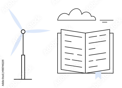 Renewable energy concept. Renewable energy by a wind turbine linked with knowledge by an open book. Renewable ideas for education, sustainability, eco-friendly solutions, innovation, and green energy