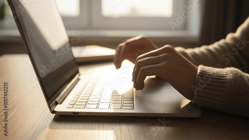 Opening Laptop on Wooden Desk in Cozy Morning Workspace with Natural Light