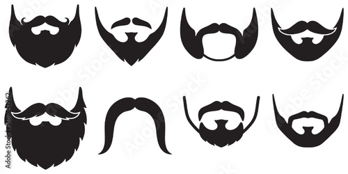 Collection of eight different black beard and mustache styles in silhouette, isolated on a white background.