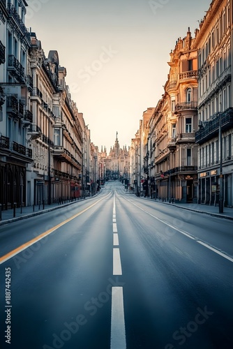 Empty European street with classical architecture and distant cathedral