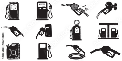 Collection of black and white illustrations of gasoline pumps, fuel nozzles, and a jerrycan.