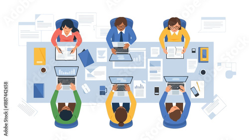 Cartoon People Working on Laptops at Desks.