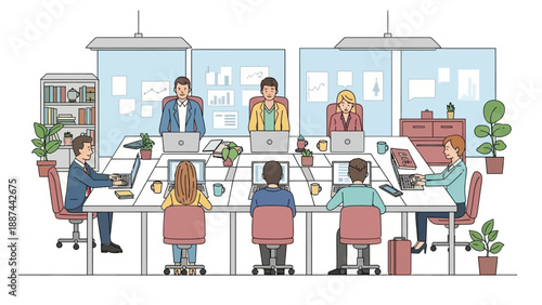 Office Workers at Desks in Modern Office.