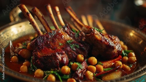 Rack of lamb cooked in a traditional tagine with chickpeas and vegetables, Ramadan food, authentic Middle Eastern culinary composition, warm cinematic lighting, rich spices, high detail, 4K